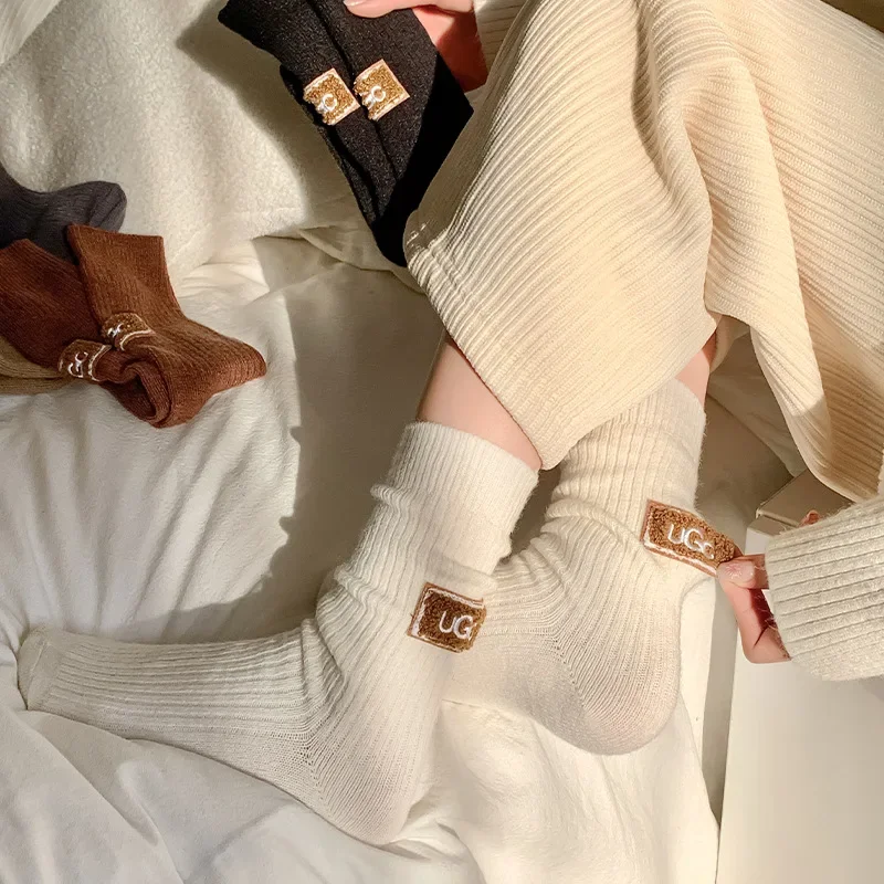 1Pair Middle Tube Mid-Tube Socks Winter Warm Velvet Thickened Pile Socks Solid Knitted Keep Warm Snow Boot Socks