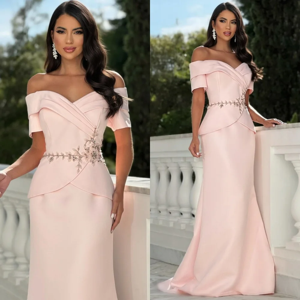 Customized Fashion Pink Jersey Evening Dress Exquisite Off the Shoulder Homecoming Dresses Temperament Special Occasion Gowns