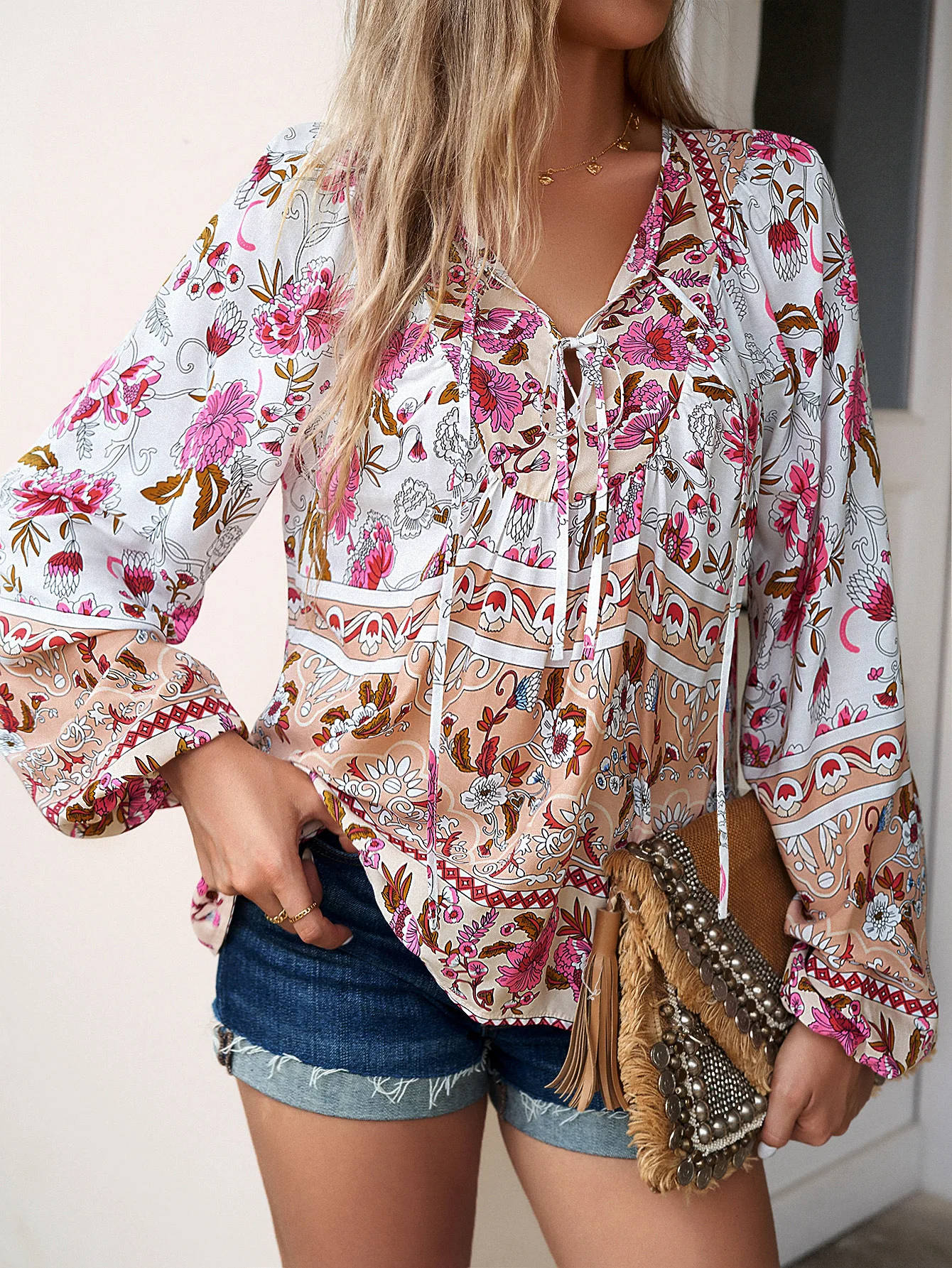 TEELYNN Cotton Rayon Floral Printed Blouses Shirts for Women Tops Long Sleeve V Neck Beach Boho Loose Blouse Summer 2023 Blusa