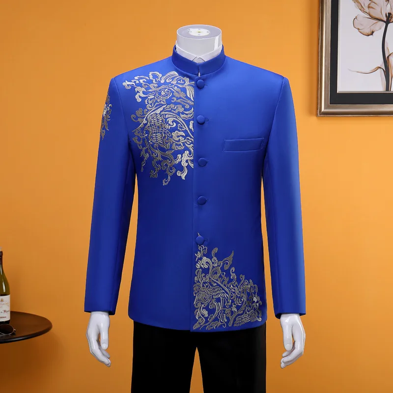 Nieuwe Mannen Staande Kraag Geborduurd Pak 2 Stuk Mode Mannelijke Zakelijke Sociale Bruiloft Prom Stage Performance Jurk Blazer Broek