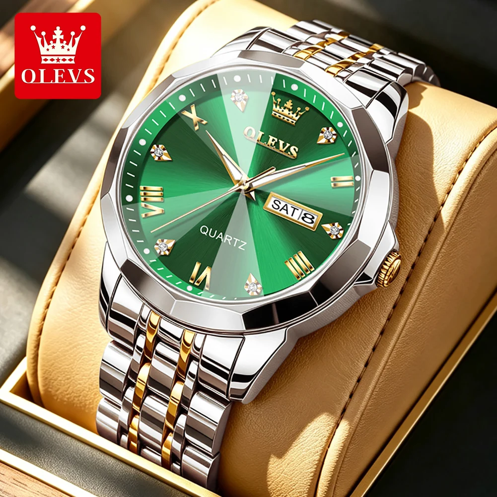 OLEVS Sports Quartz Watches For Men Rhombus Mirror Waterproof Luminous Stainless Steel Dual Calendar Diving Watches Man 9931