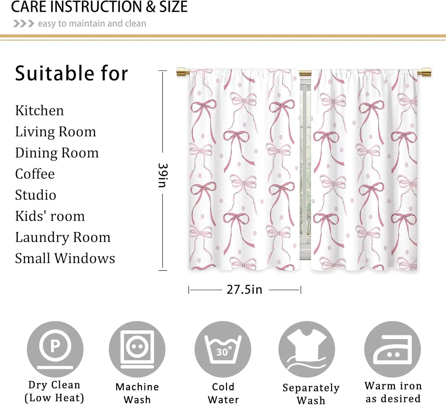 Pink Bow Polka Dot Curtains Cute Ribbon Pattern for Girls Bedroom Nursery Kitchen Window Home Decor
