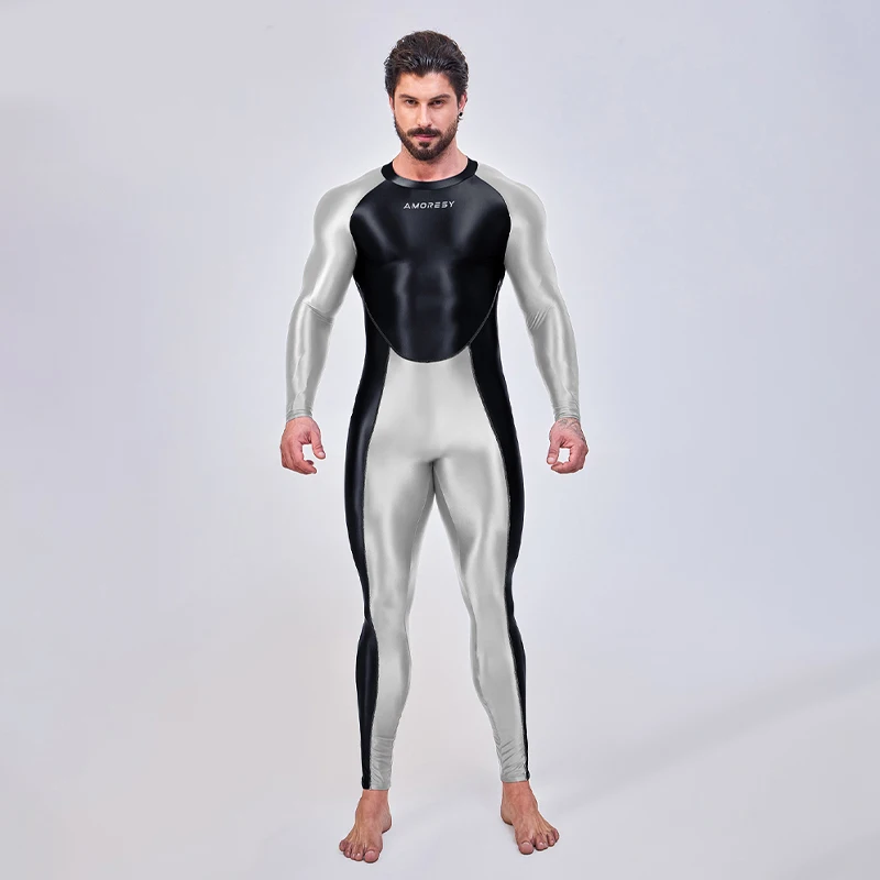 AMORESY Smooth Running Clothes Color blocked long sleeved men's one-piece full-length sports bodysuit XCKNY glossiness suit