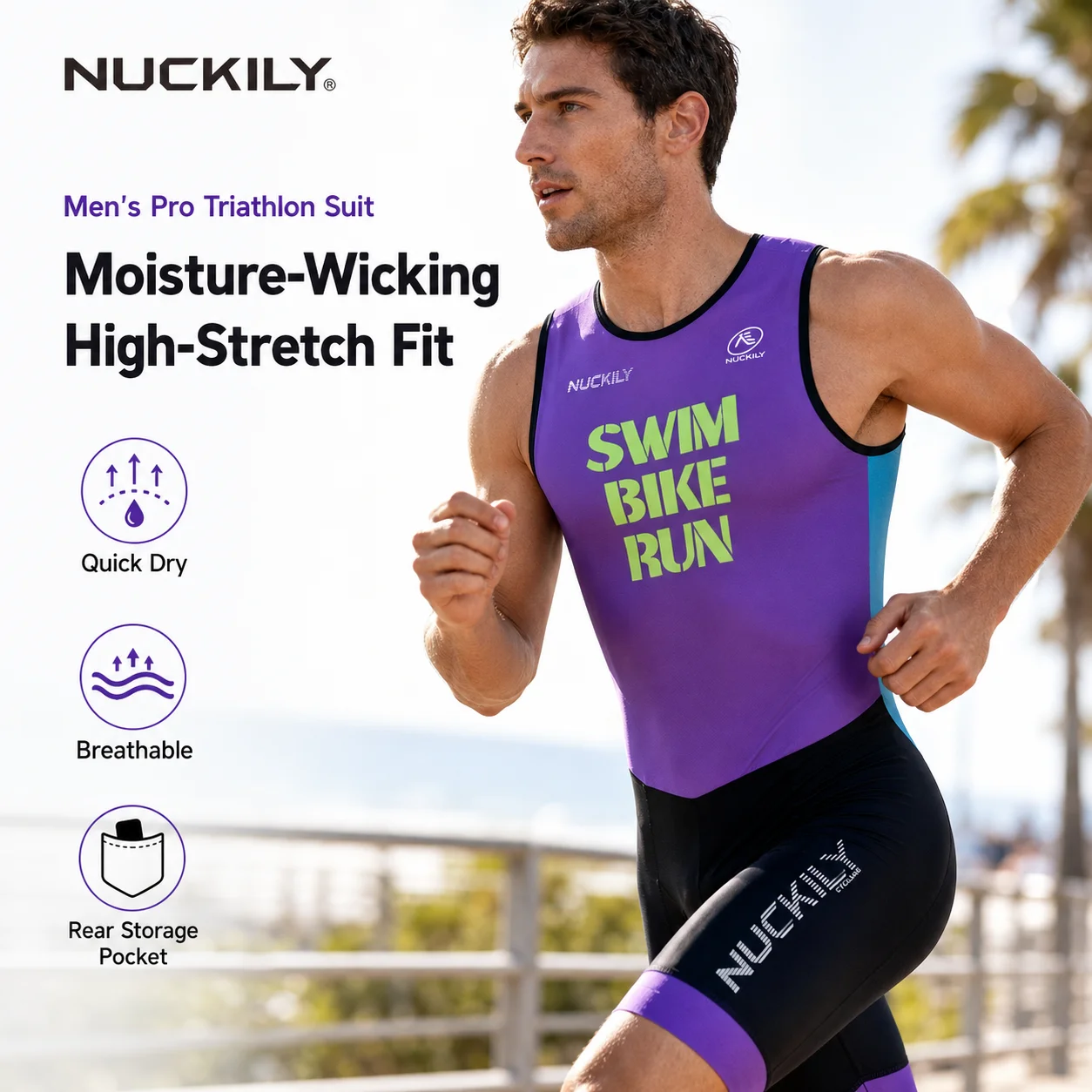 NUCKILY Men Sleeveless Triathlon Suit One Piece Trisuit Quick Dry Padded Rear Pocket Skinsuit