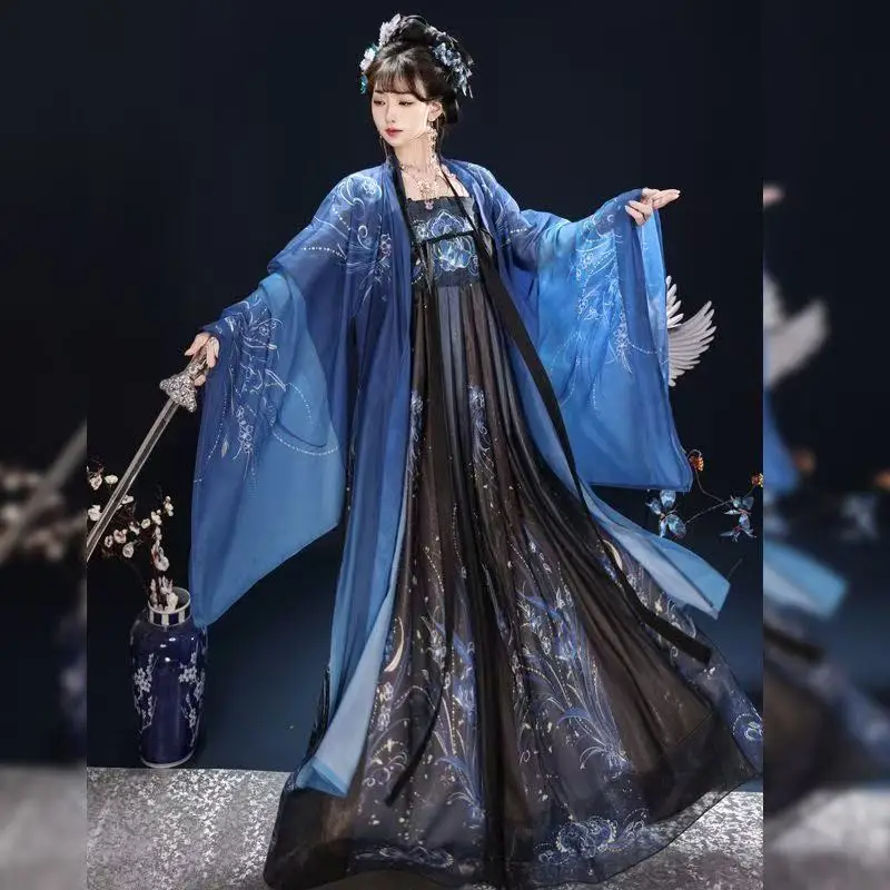 Original Blue Hanfu Women's Traditional Chinese Gradient Printing Dress Tang Dynasty Hezi Skirt Palace Style Hanfu Set Female