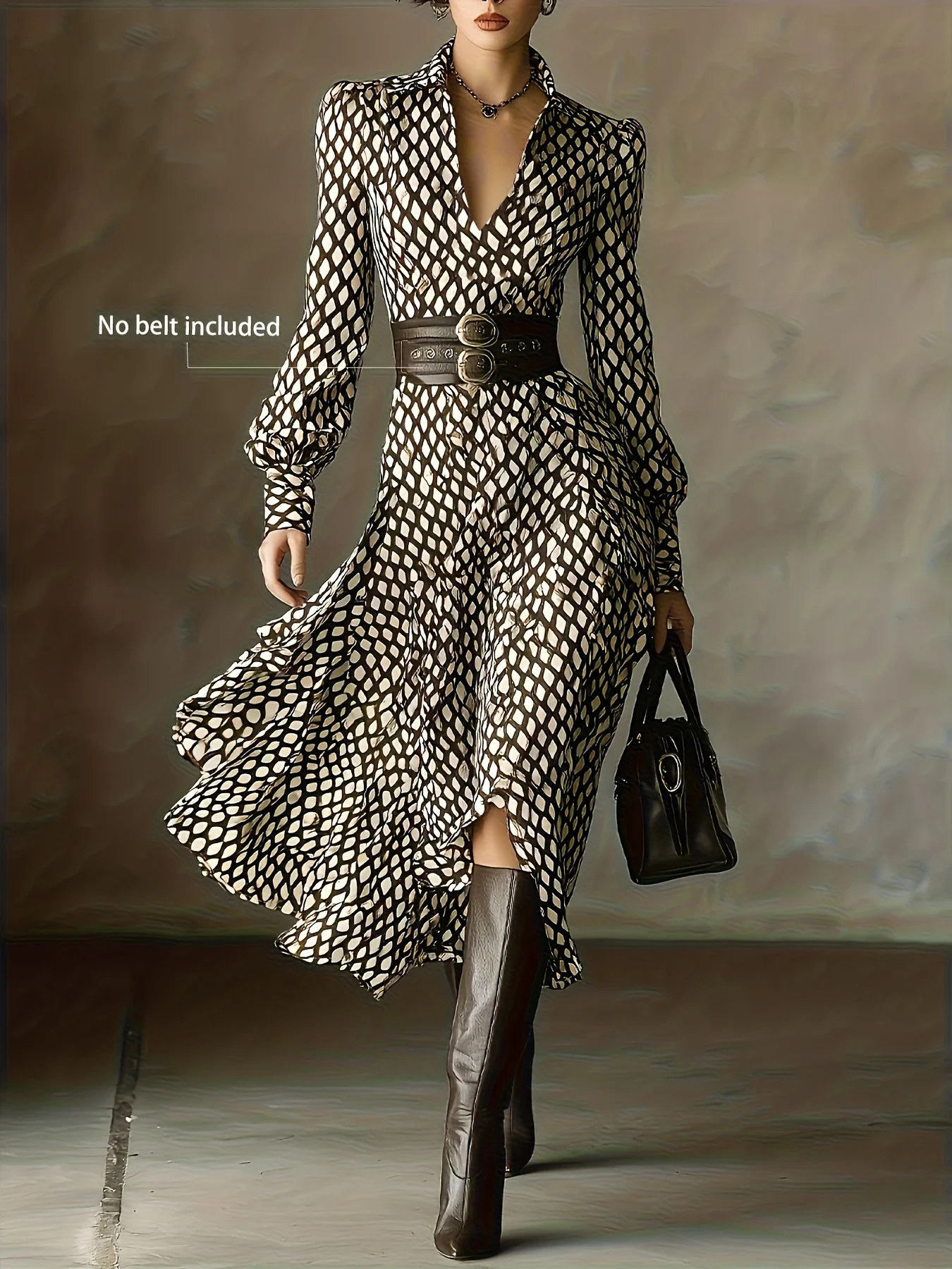Vestido camisero de manga larga con cuello para mujer, vestido midi con estampado geométrico y corte en A (cinturón no incluido)