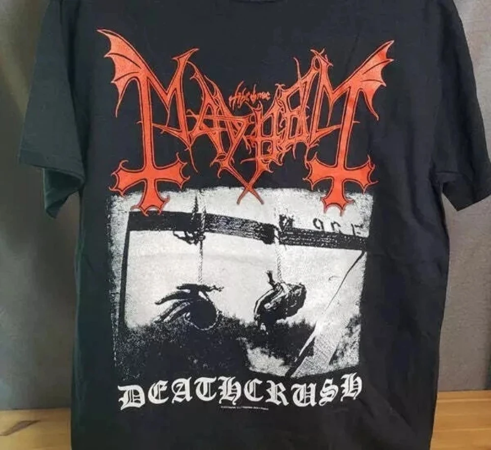 تي شيرت Mayhem Deathcrush أسود مطبوع من القطن بأكمام قصيرة، مريح محايد للجنسين بأكمام قصيرة لكل من الرجال والنساء
