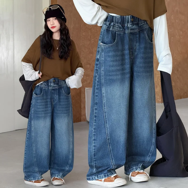 Autumn Girls Curved Jeans Pants with Side Patchwork Design for Teen Child High Fashion Street Pants Kids Casual Denim Trousers
