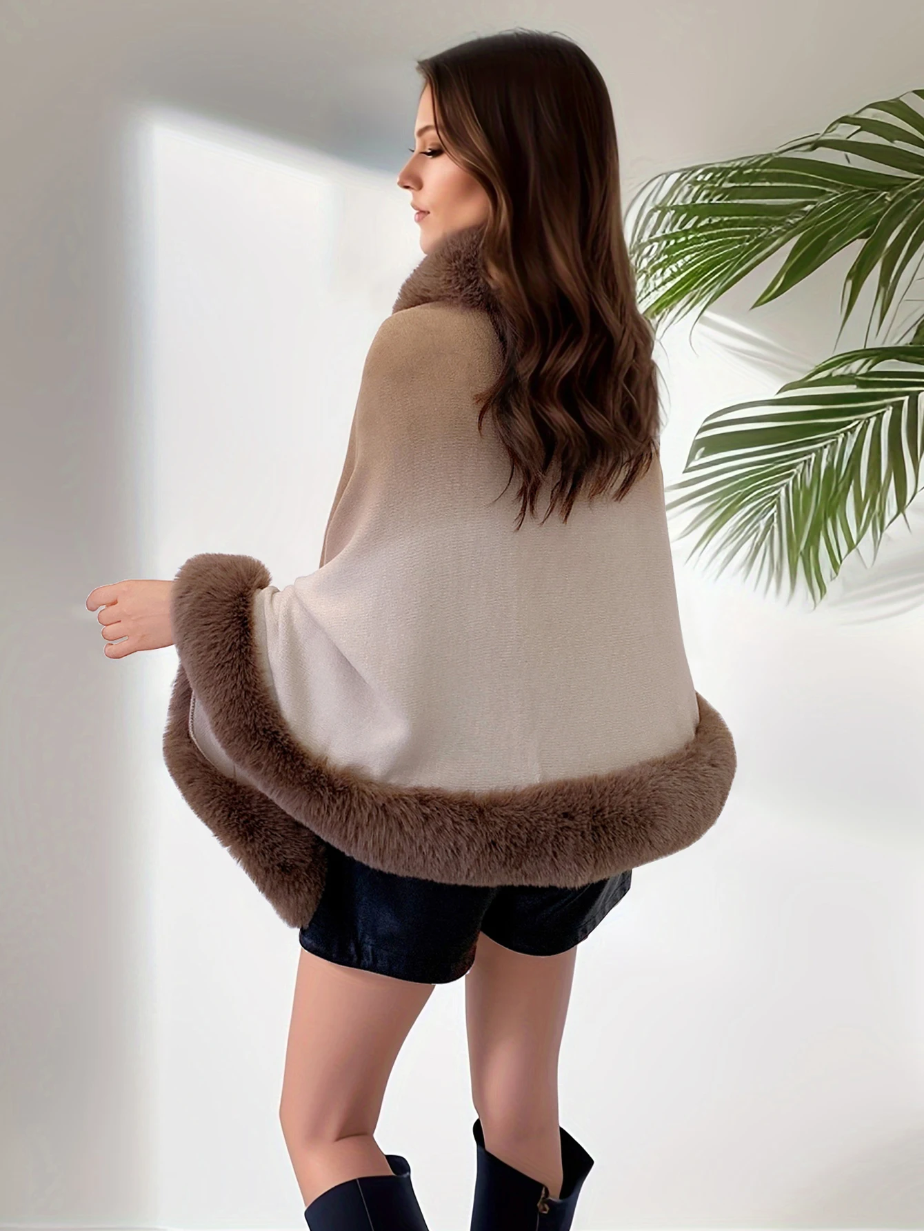 Gradient Color Knitted Rabbit Fur Collar Shawl Coat Autumn Winter New Style Qipao Versatile Top Matched Shoulder Cape Outerwear