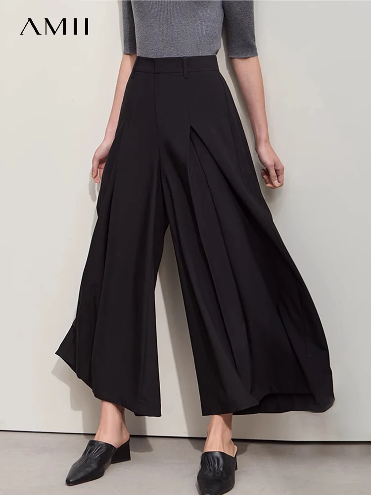 Amii Minimalism 2024 Summer New Women Casual Pants Commuter Handsome Loose Pleated Pants Female Black Wide-leg Trousers 12442041