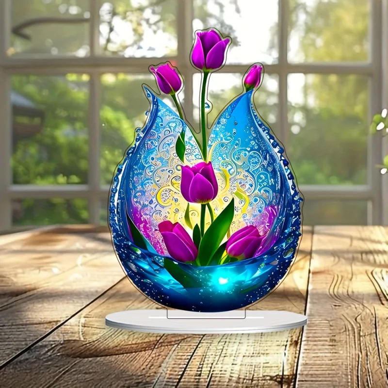 2D Acrylic Purple Tulip Flower Vase Shape Home Living Room Tabletop Office Decoration Garden Ornament Gift Flower Acrylic Flat