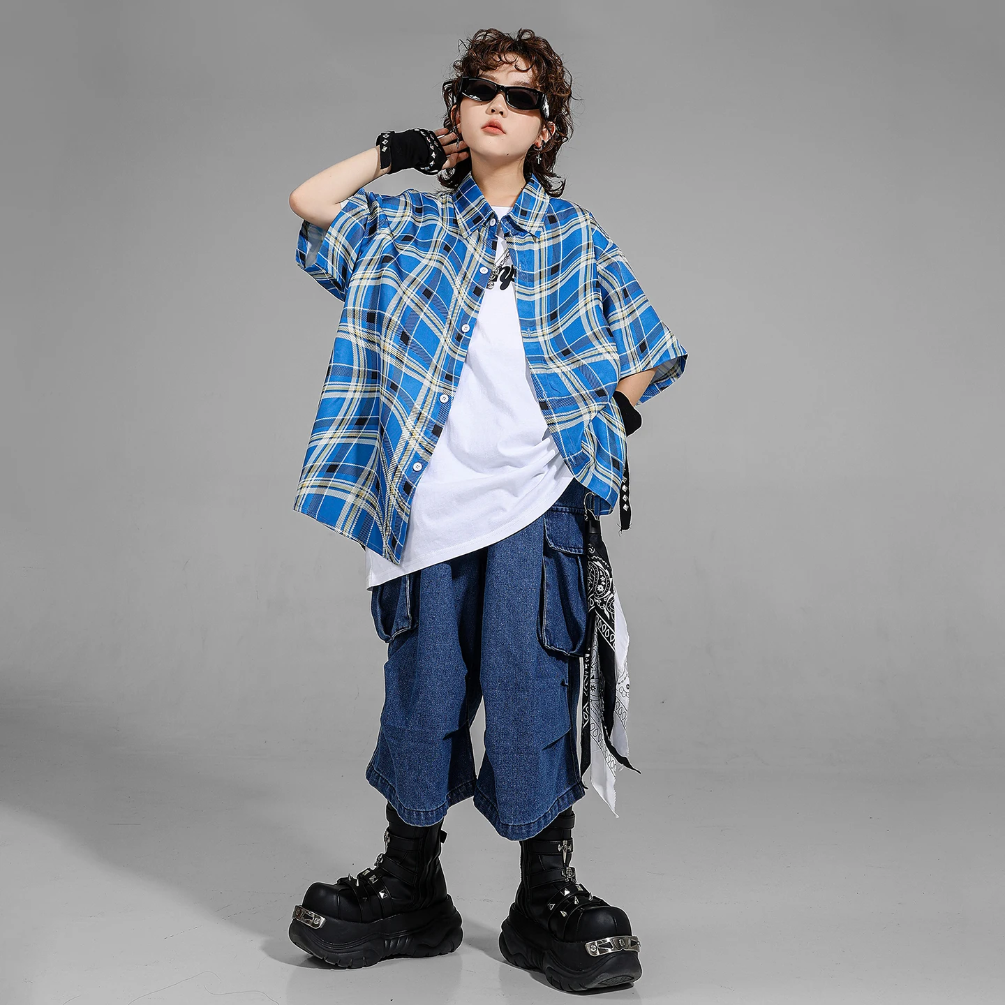 Ragazzi Hip Hop Camicia scozzese blu Danza di strada Pantaloni larghi Ragazze Dolce K-pop Camicetta Bambini Streetwear Kid Jazz Costume Set di vestiti