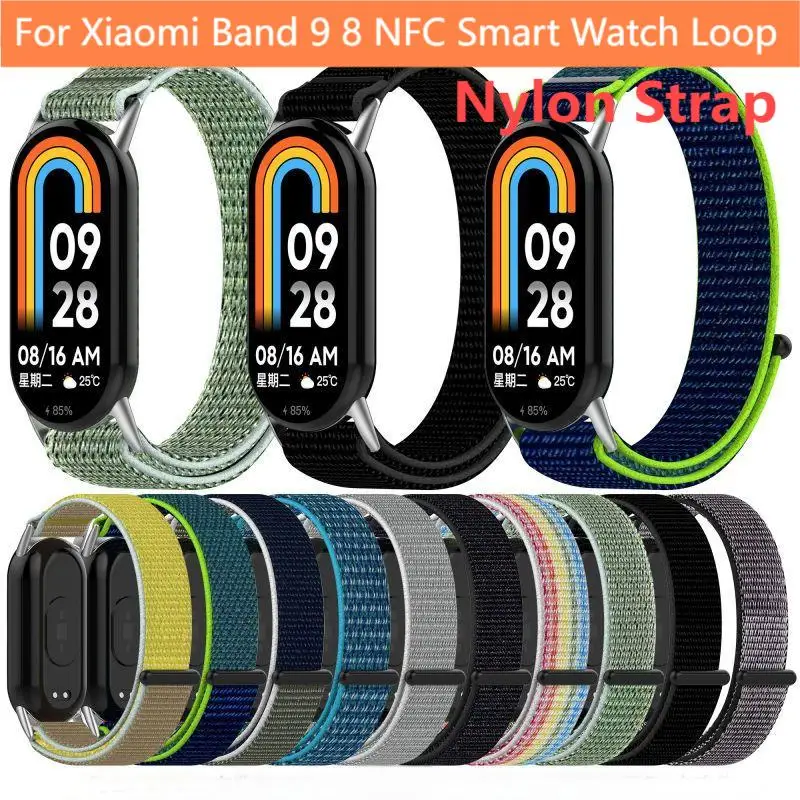 حزام نايلون لساعة Xiaomi Band 9 8 NFC الذكية بحلقة حزام سوار حزام الساعات Band8 Band9 حافظة إكسسوارات المعصم