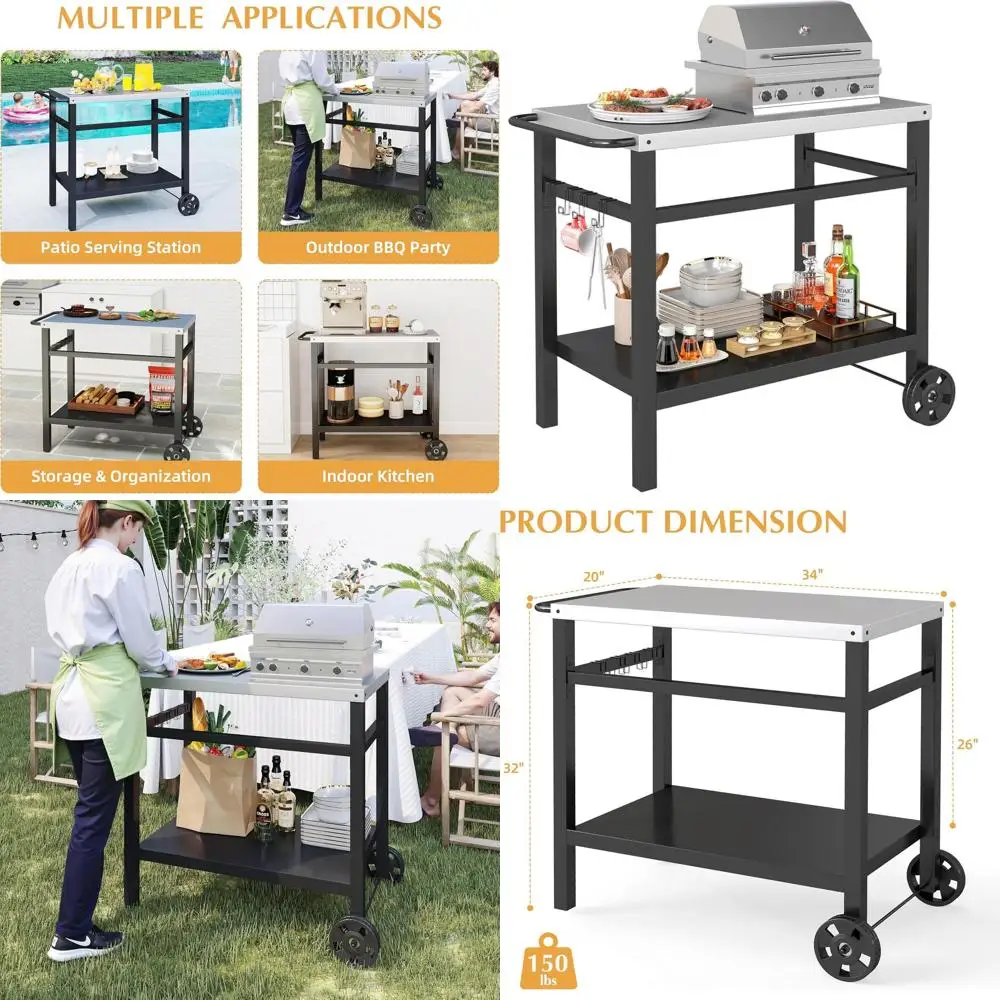 

Patio Stainless Steel 2-Tier BBQ Prep Cart with Griddle Table