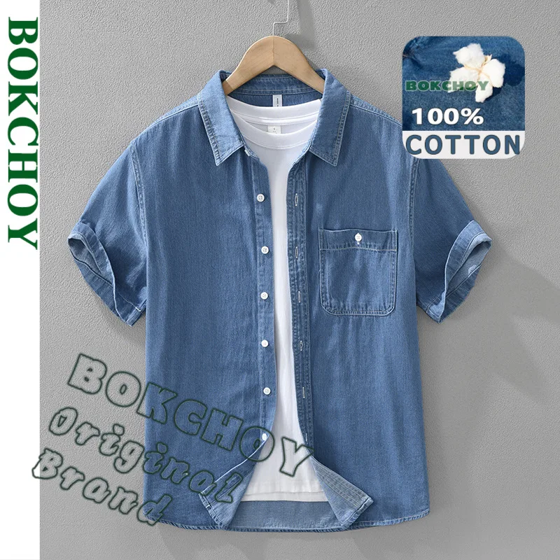 

2025 Spring Summer New Vintage Denim Pure Cotton Short Sleeve Shirts for Men Clothing Breathable Soft Male Shirts CM8151