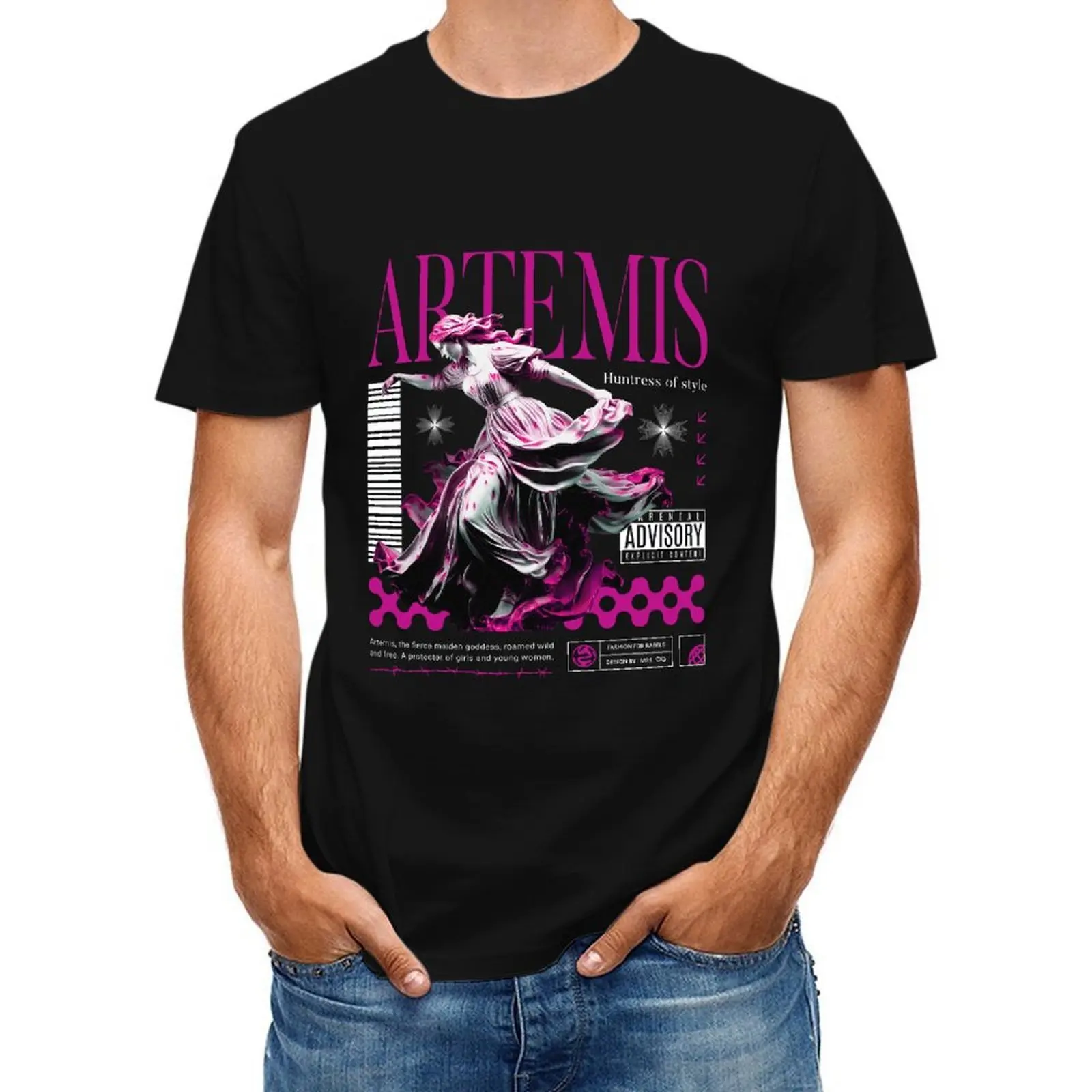 Unisex Greek Goddess Graphic Tee Artemis Mythology Black T Shirt Vintage Streetwear Dark Fantasy Print Y2K Casual Short Sleeve Top