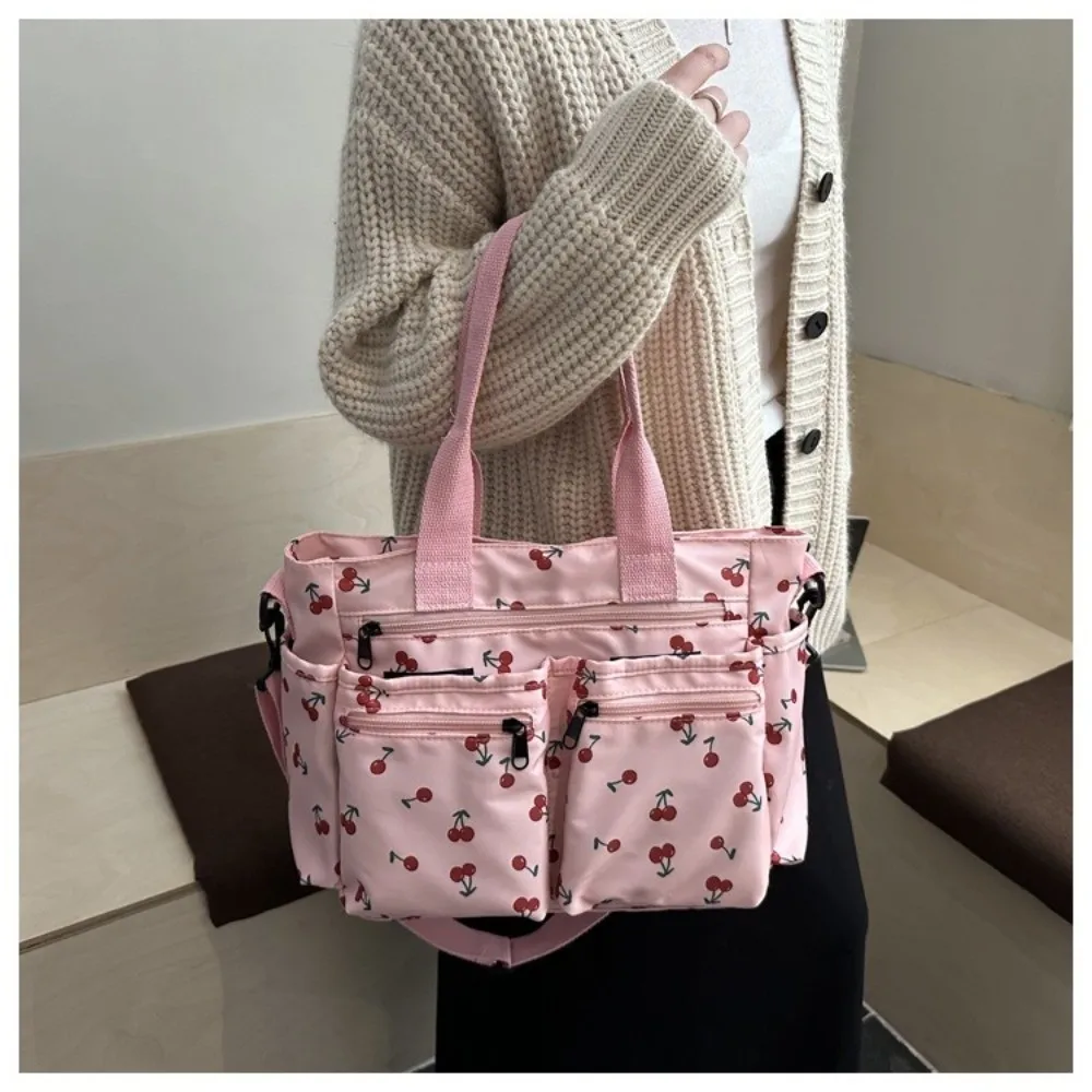 Casual Large Capacity Tote Bag Multi-Pocket Adjustable Strap Crossbody Bag Waterproof Cherry Print Shopping Bag