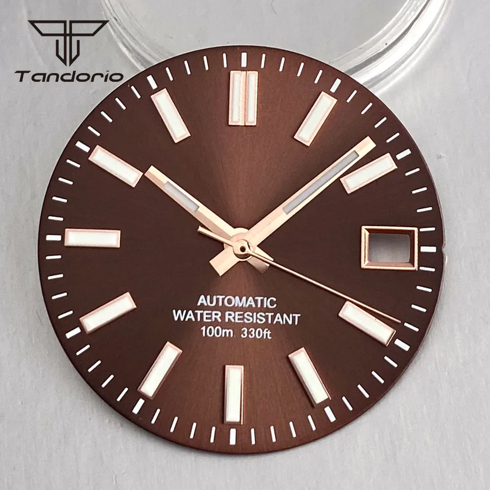 Copper‑brown 29mm NH35 Watch Dial+DJ Style Hands Luminous Baton Marks with Sunburst Date Window Automatic Wristwatch Mod Parts