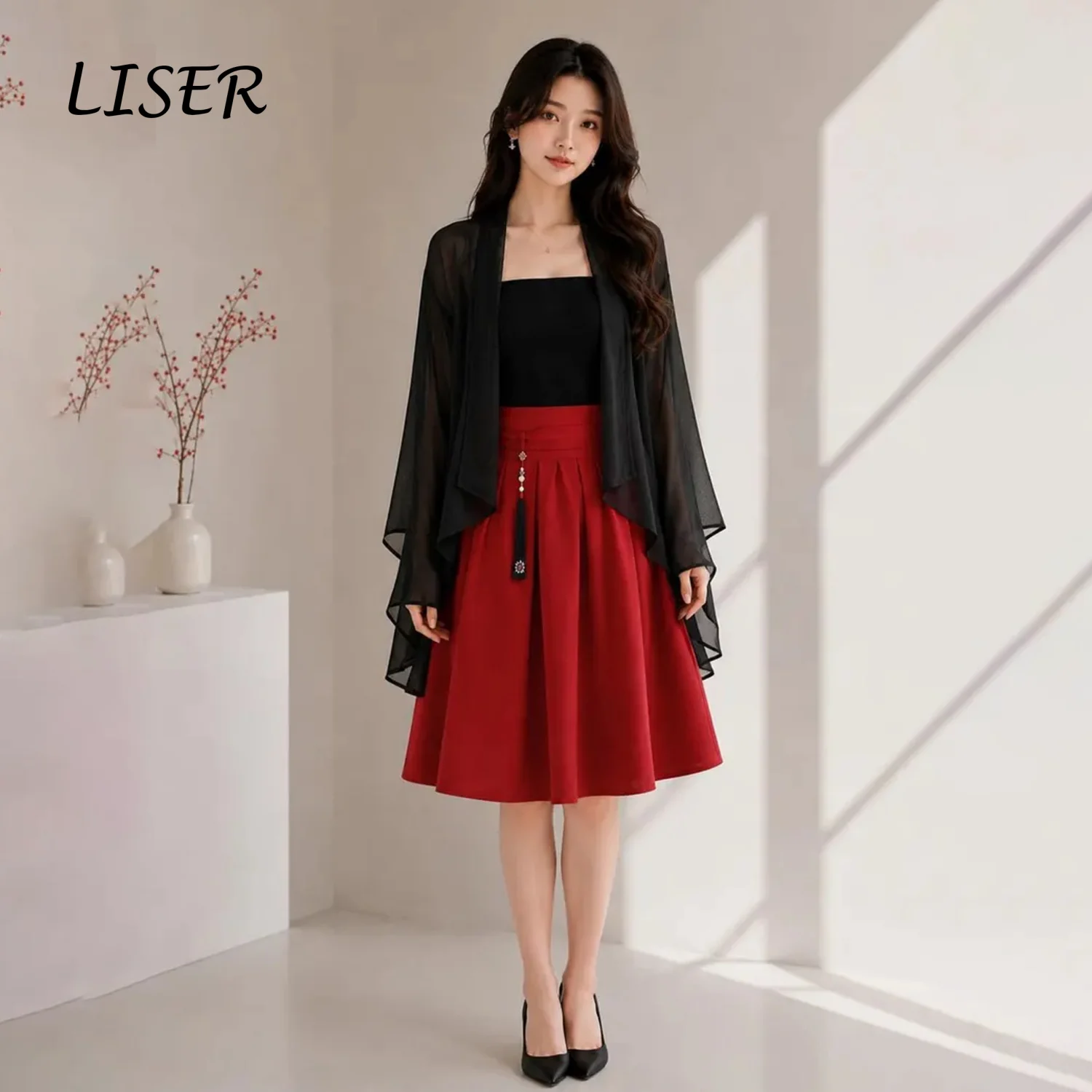 Liser Customized Graceful Black Sheer Long Sleeve Hanbok Crop Top Flowy Mini Skirt Korean Fashion Outfit Wedding Photoshoot