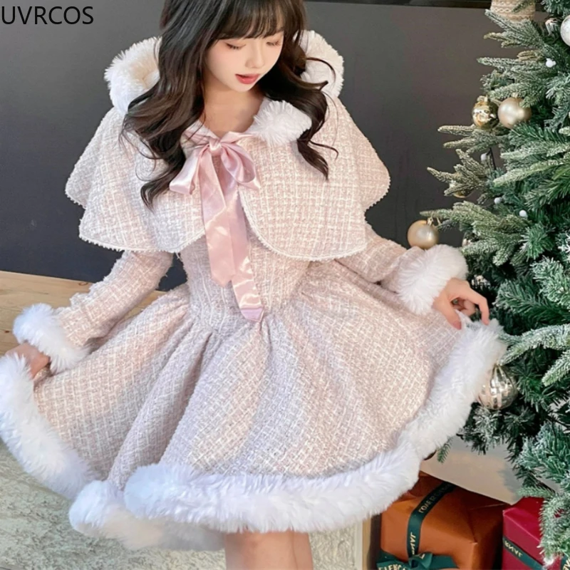 Japanese Style Elegant Tweed Plaid Dress Sets Women Plush Hooded Shawl Short Jackets Mini Skirts Kawaii Christmas New Year Suit