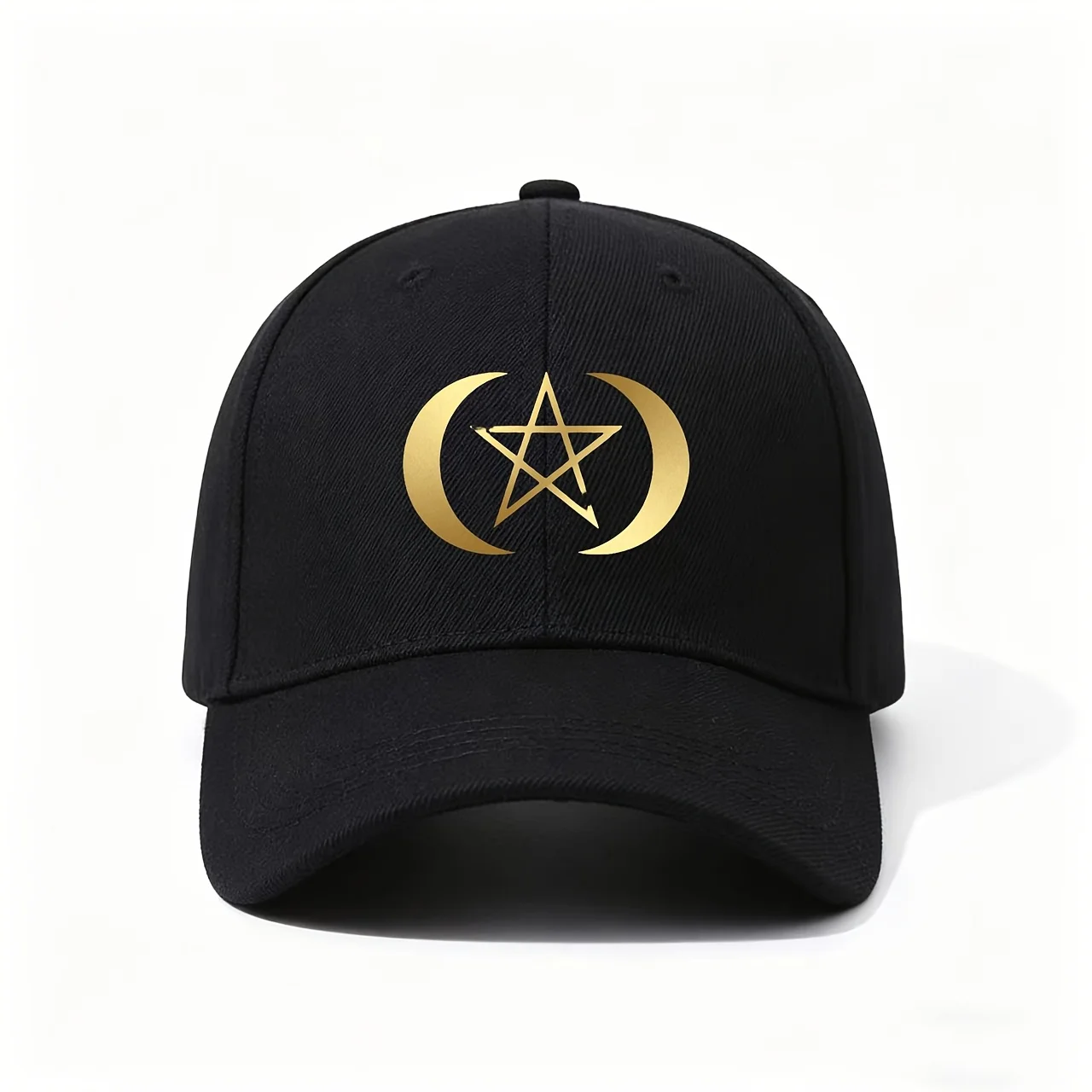 Adjustable Golden Moon & Star Baseball Cap - Metallic Golden Crescent Moon & Pentagram Print, Lightweight Celestial Astrology Gi