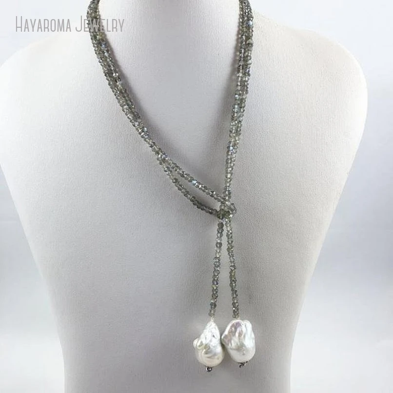 10Pcs Labradorite and large baroque pearl lariat necklace