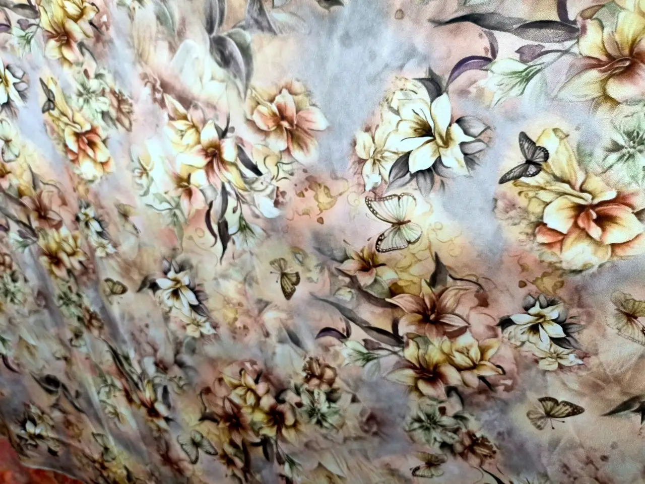 Luxury Yellow Floral Print Real 100% Mulberry Silk Craft Fabric for Sewing Dress Shirt Cloth 1.4m Wide Georgette Crepe de chine