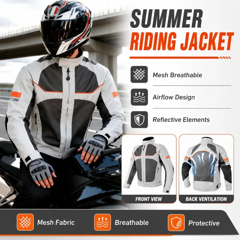 Summer Motorcycle Riding Jacket Men Mesh Breathable Protective Reflective Motorbike Racing Jacket