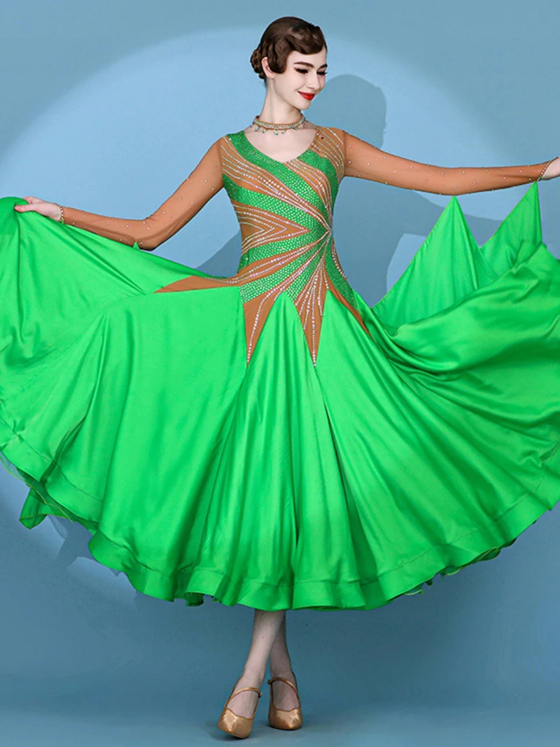 Vestido de dança de salão padrão para mulheres alta verde competição valsa vestidos senhora manga longa flamenco tango dança saia