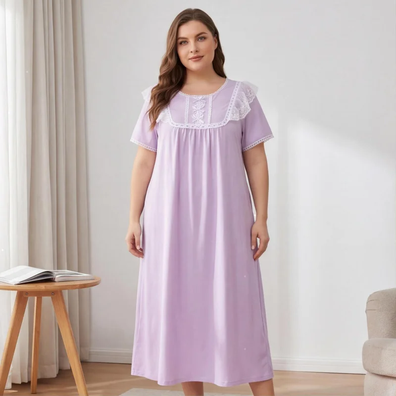 

Plus-Size Women'S Solid Color Lace Nightgown, Rayon Short-Sleeve, Spring/Summer Home Wear Suitable Outdoor Use