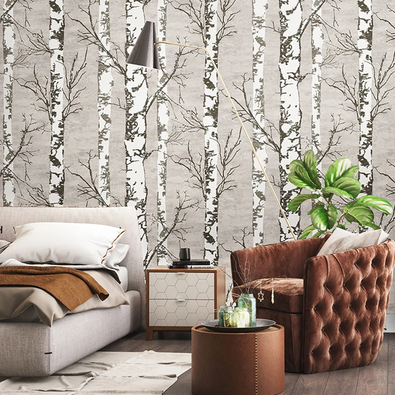 

Rustic Wood Grain Not self-adhesive Wallpaper Black White Birch Tree Forest Wall Stickers Contact Paper Branches Trunk Wallpaper