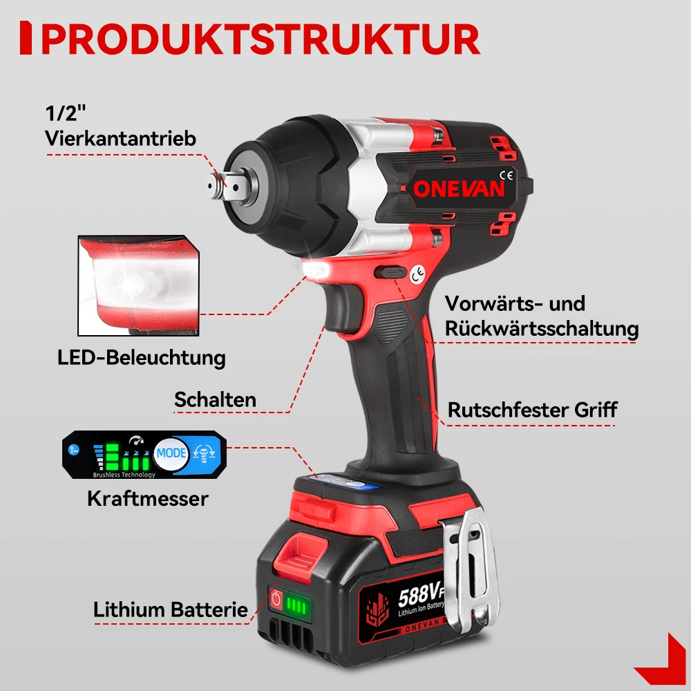 ONEVAN 1800N.M مفتاح ربط كهربائي بدون فرشاة 1500 وات مفك براغي محمول لاسلكي أداة كهربائية لدبوس بطارية ماكيتا 18 فولت #2