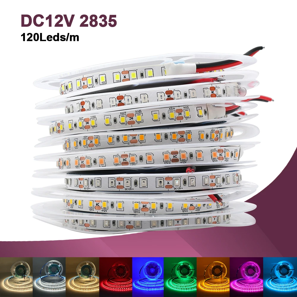 12V 24V 5m 10m 20m 50m 100m LED Strip Light 2835 120 LEDs Flexible Tape Bright 8mm PCB 13 Colors Home Decoration Not Waterproof