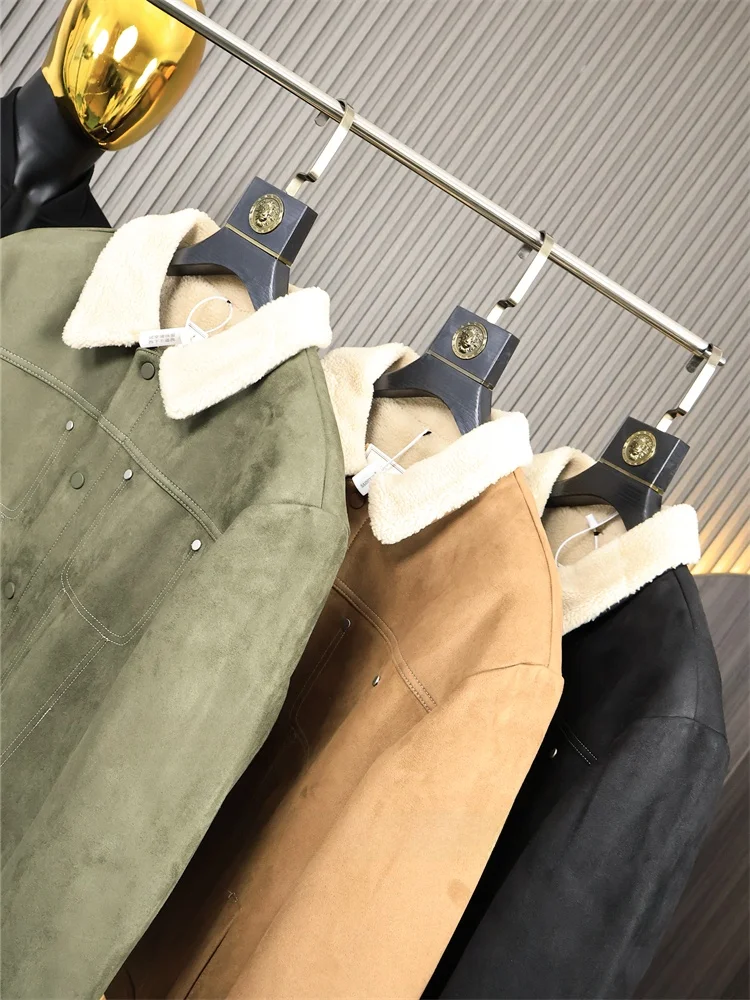 Advanced Suede Series Double Warmth Autumn Winter Men's Faux Leather Collar Lamb Fur Warm Casual Fleece Lined Jacket