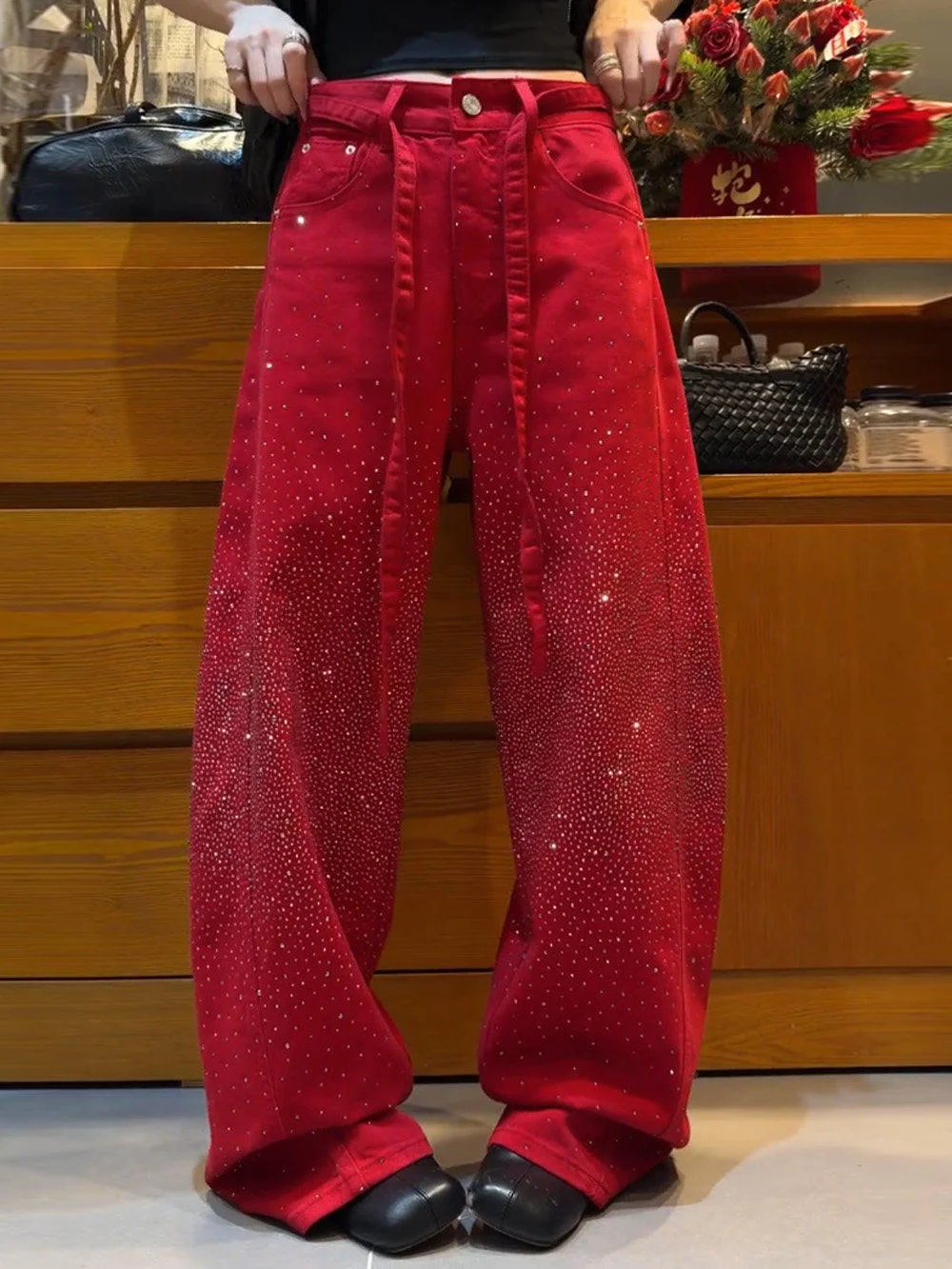 Sparkling Hot Diamond Jeans Starry Design Light Luxury Fashion Wide Leg Pants For Women Spring Loose Fit Versatile Trousers