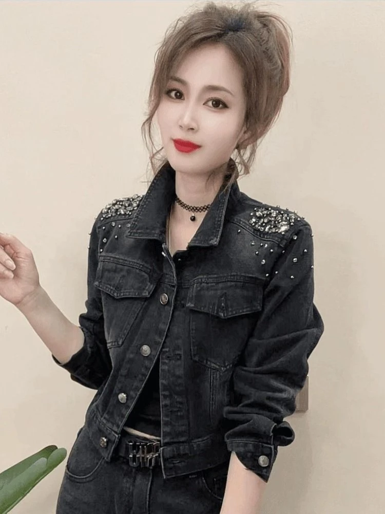 

Корейская женская джинсовая куртка, весна-осень 2023, новый модный нишевый рабочий дизайн с бусинами, шикарный универсальный модный топ для похудения