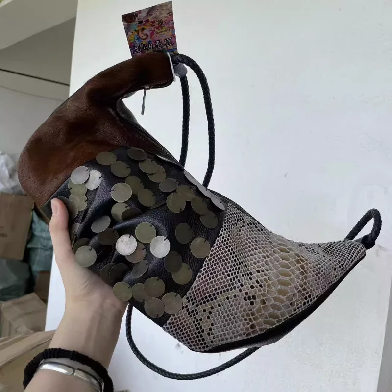 Original Sequin Mohair Snake-print Color Splicing Retro One Shoulder Crossbody Crescent Dumpling Bags for Women сумка женская
