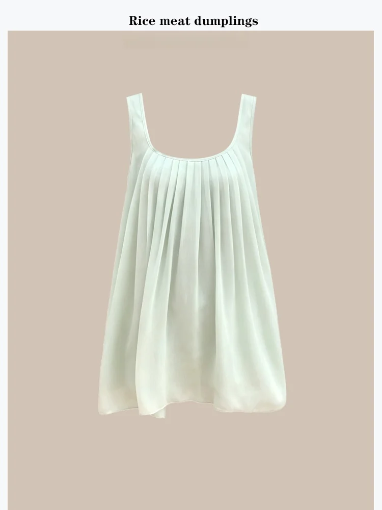 

Elegant Summer Vacation Style Women's Tank Top with Wide Band Pleated Chiffon Korean Loose Fit round Neck Sleeveless Blouse