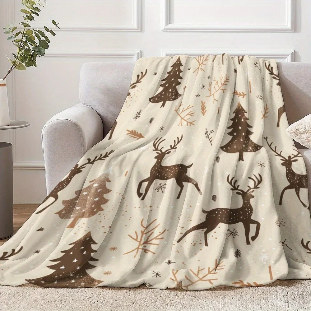 1pc Christmas themed deer and tree blanket, sofa, bed, travel, lunch break, flannel blanket forest atmosphere simple design suit