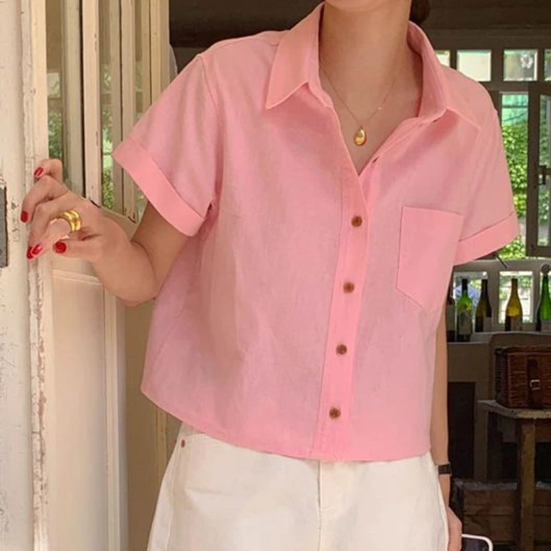 Neploe Simple All-match Lapel Neck Pink Blouses Y2k Short Sleeve Loose Shirts 2024 Summer New Single Breasted Blusas Mujer