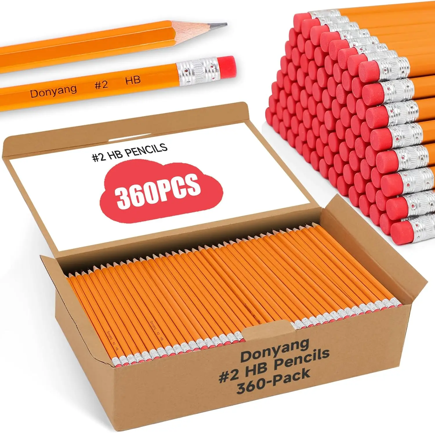 

360 Pack #2 Pencils Bulk, Pre-Sharpened HB Yellow with Erasers for Writing, Drawing, Sketching - Teacher & Office Essentials