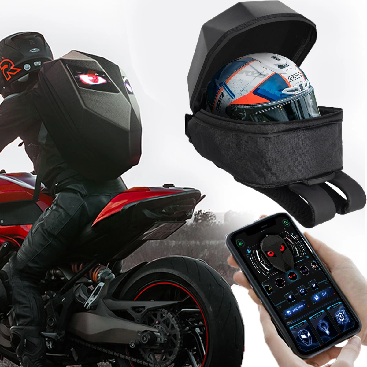 

Motorcycle cool Helmet Bluetooth APP Control Waterproof Hard Shell Laptops LED Bags LED Knight Cycling Backpack with Eye 5v