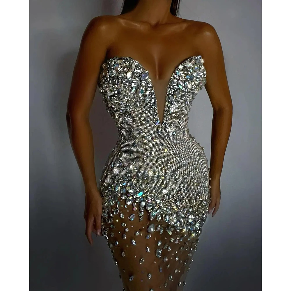 

Luxury Brand Women Glitter Crystal Beaded Silver Patchwork Mesh Short Party Club wear Stage Performance Costume Birthday Dress