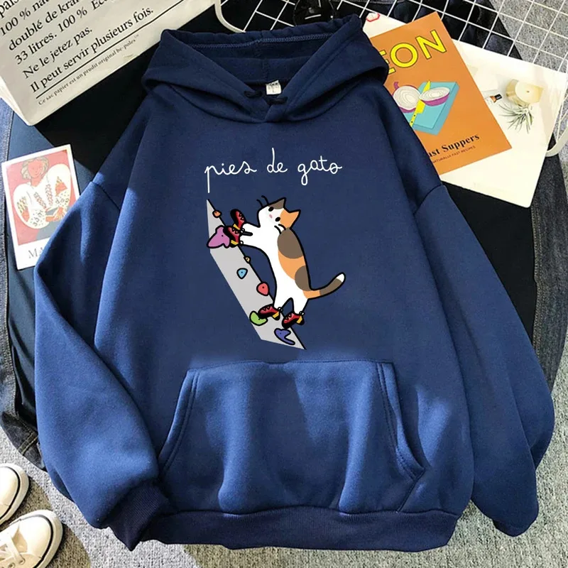 Cat Rock Climb Cute Prints Women Hoodies Autumn Y2K Pocket Hoody Casual Jogging Unisex Sportswear Fleece All-Match Pullovers