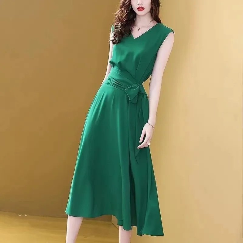 Woman Clothes Green Imitation Silk Dress Summer New French V-neck Sleeveless Bandage Waist Elegant Dress Goddess Fan Maxi Dress