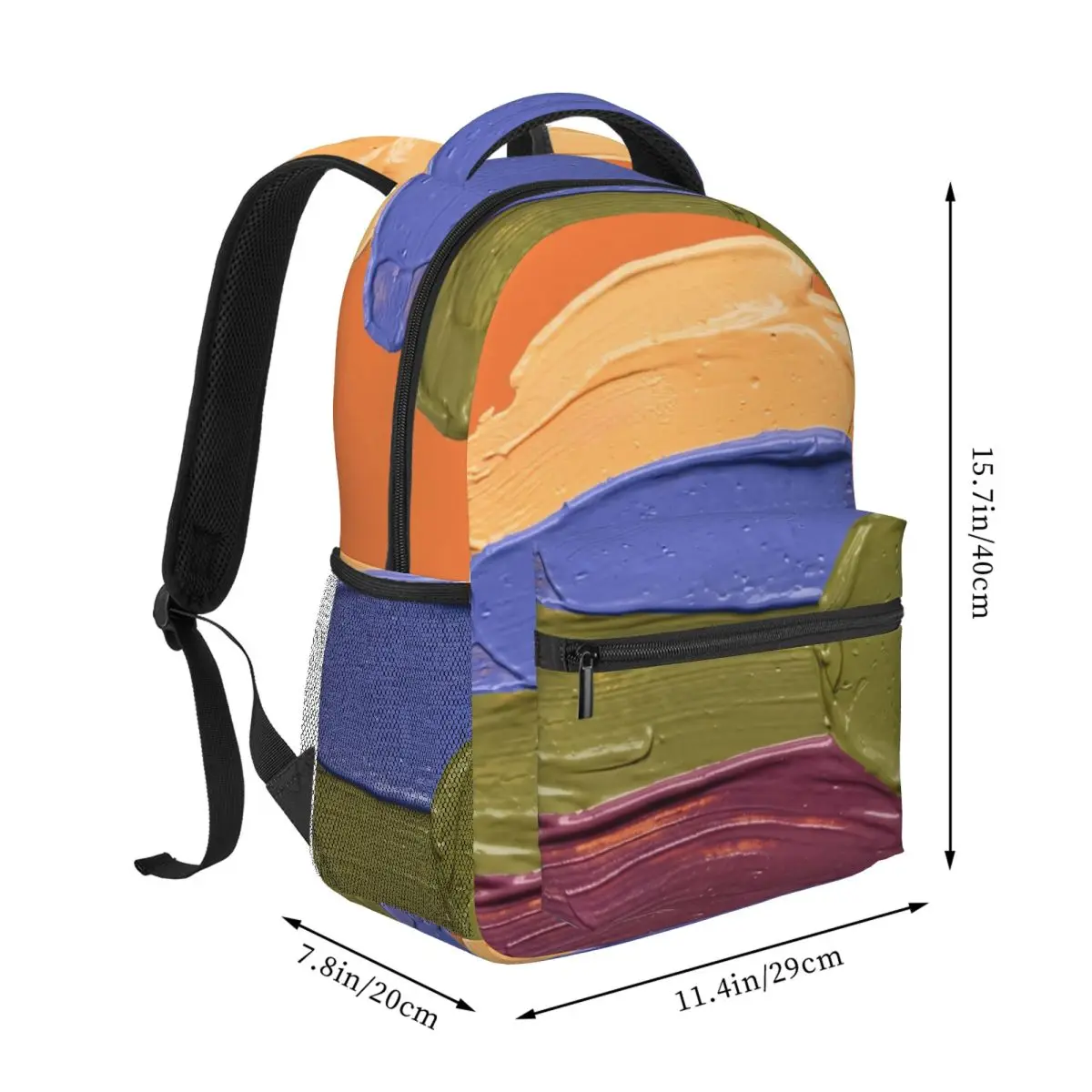 College Campus Backpack Center Paint Strokes Modern Abstract Orange Multi Color Polyester Bookbag for Laptop Work Library Travel