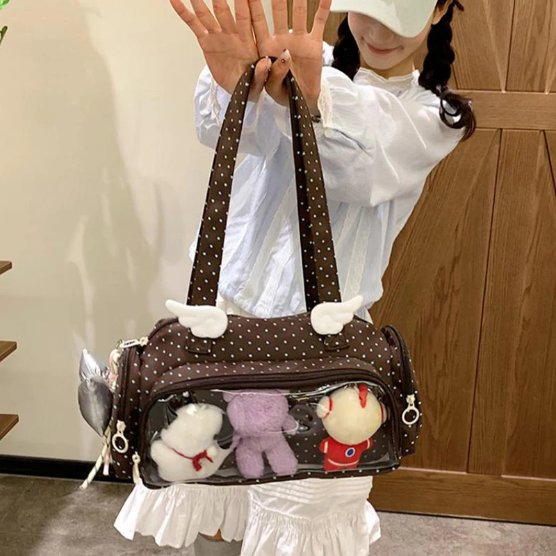 Angel Wings Ita-Tasche mit transparentem Sichtfenster, Damen-Umhängetasche im japanischen Stil, vielseitige Polka-Dot-Handtasche für den täglichen Pendelverkehr – Detail 19