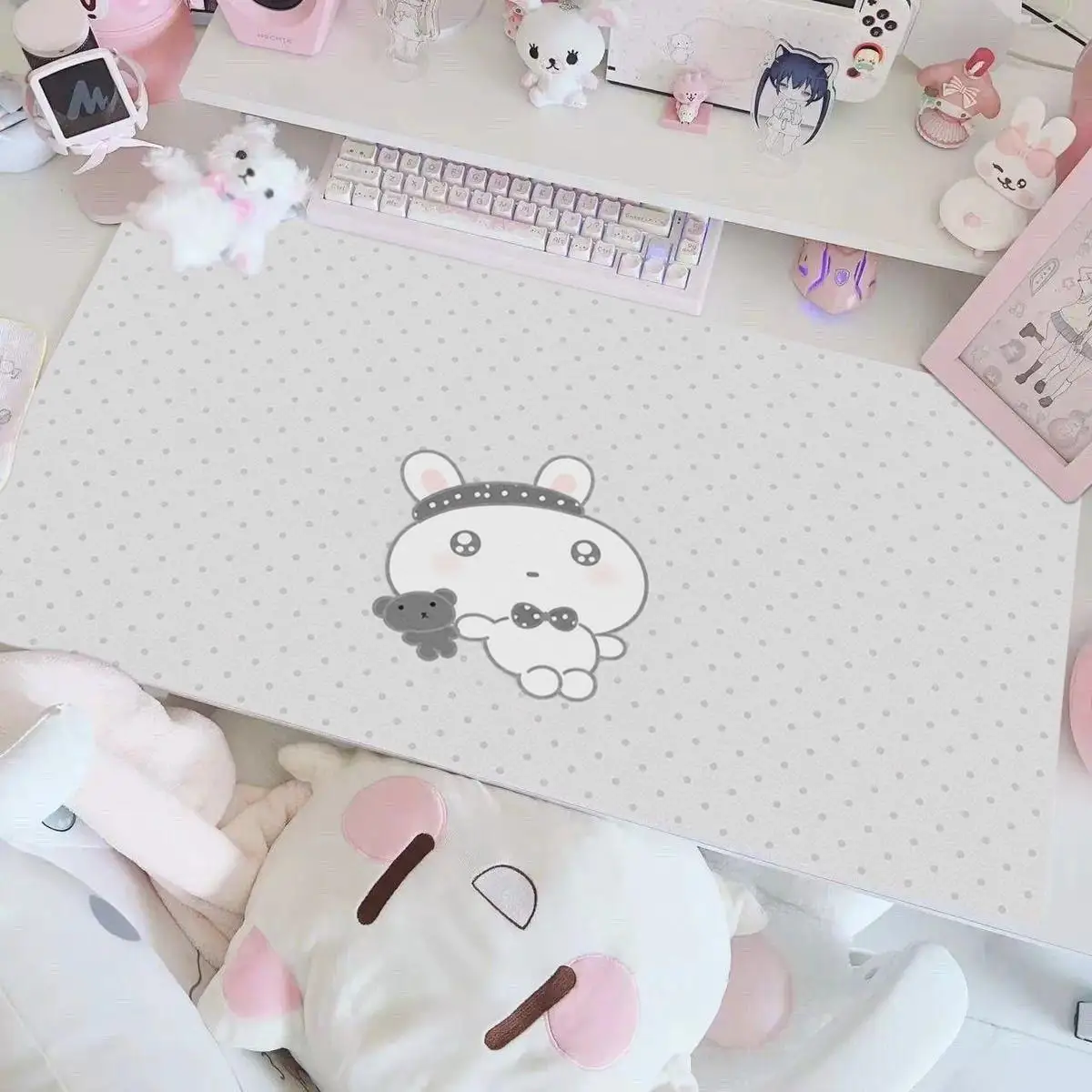 Leather Desk Pad Protector Pink Bunny Polka Dot Rabbit Love Mouse Pad Office Desk Mat Waterproof Non-Slip PU Desk Blotter Pad