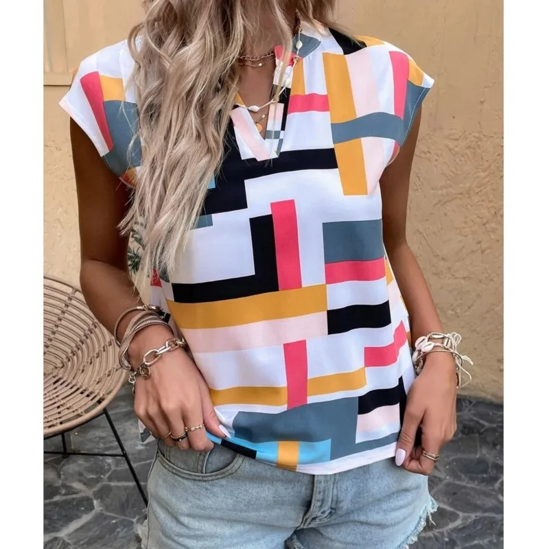 Colorful Short Sleeved Women's Top Summer New Geometric Print Bat Sleeve V-neck Pullover Loose And Elegant Short Sleeved Ladies