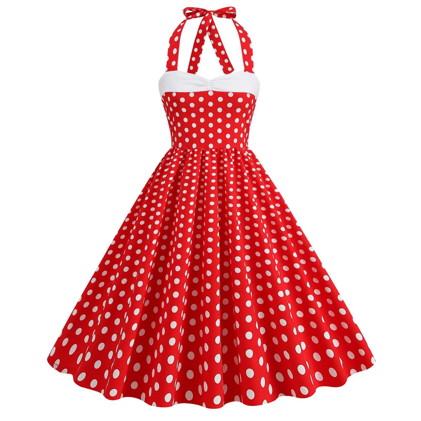 

Elegant Women Pink Polka Dot Dress Summer Hepburn 1950s 60s Vintage Dress A-Line Halter Rockabilly Retro Party Dresses Vestidos